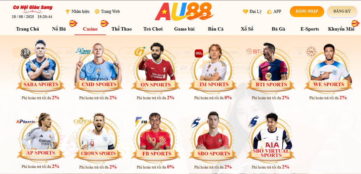 AU88 Kncrec – TRANG CHỦ CHÍNH THỨC AU 88 UY TÍN XANH CHÍN NHẤT 2026 22 Sảnh thể thao AU88 với đa dạng kèo cược hấp dẫn từ kèo góc, kèo thẻ phạt, kèo tỷ số, kèo châu Á, kèo châu Âu,...